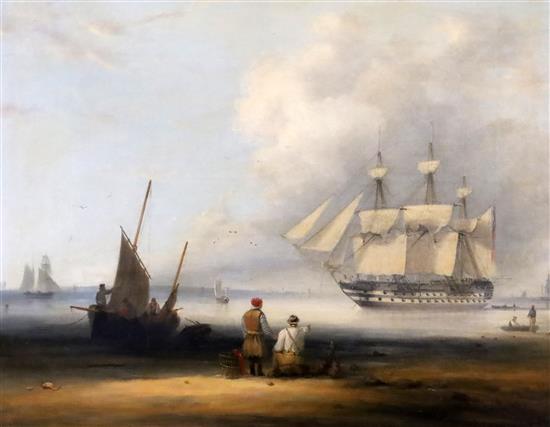 Attributed to Robert Strickland Thomas (1787-1853) A warship off the coast and Fishing boats on the beach at low tide, 10.5 x 13.5in.